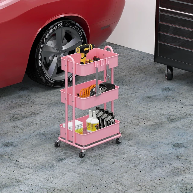 Alt view image 4 of 6 - 3-Tier Heavy Duty Metal Utility Rolling Cart, Pink