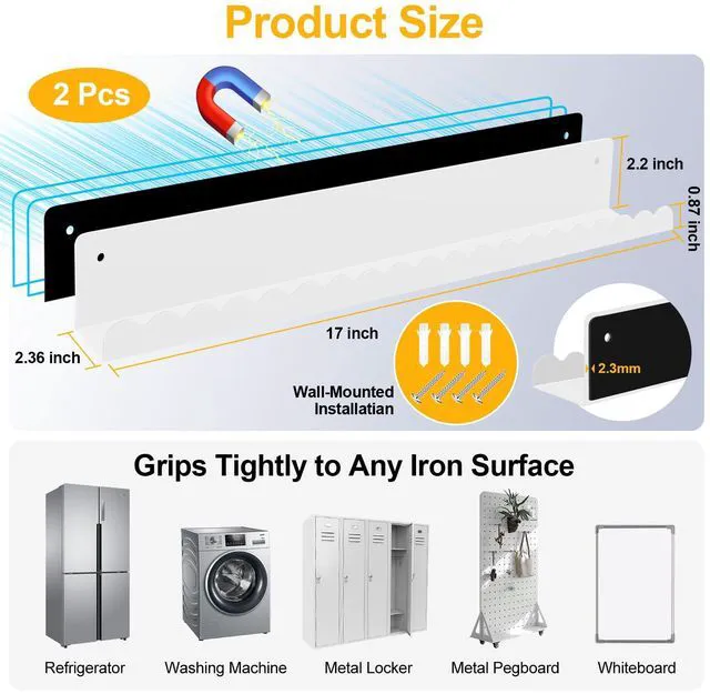 Alt view image 2 of 7 - Magnetic Book Shelf for Teacher Classroom 2-Pack 17" Whiteboard Shelves, Reusable Metal Book Holder, Holds 12.5 lbs, for Classroom Furniture, Walls, and Home Decor (White, Scalloped)