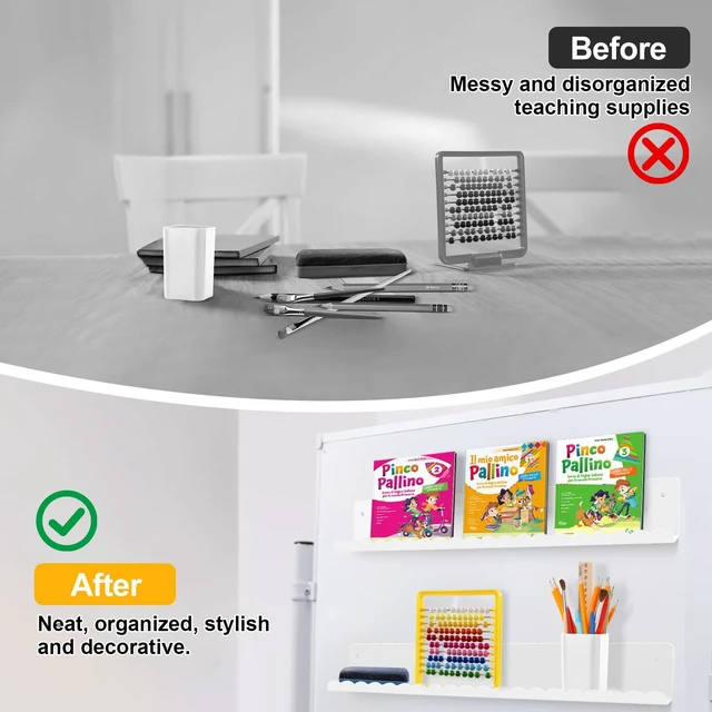Alt view image 5 of 7 - Magnetic Book Shelf for Teacher Classroom 2-Pack 17" Whiteboard Shelves, Reusable Metal Book Holder, Holds 12.5 lbs, for Classroom Furniture, Walls, and Home Decor (White, Scalloped)