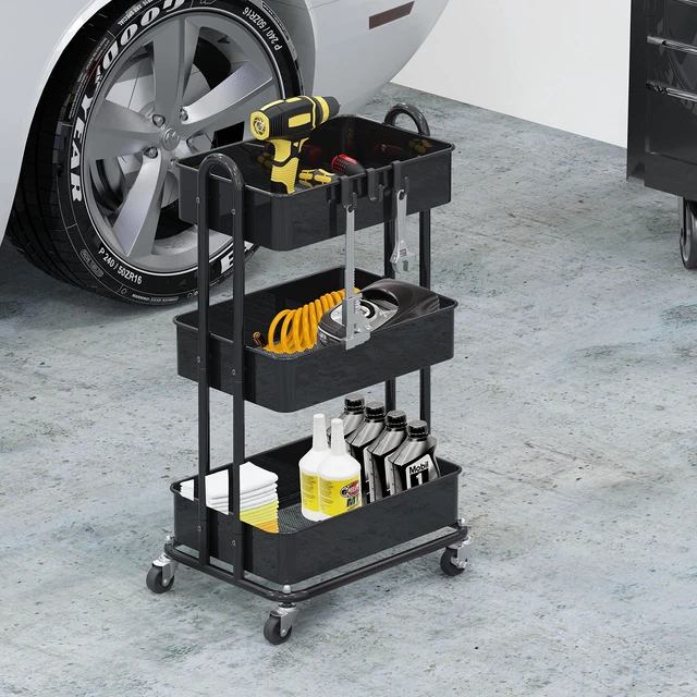 Alt view image 4 of 6 - 3-Tier Heavy Duty Metal Utility Rolling Cart, Black