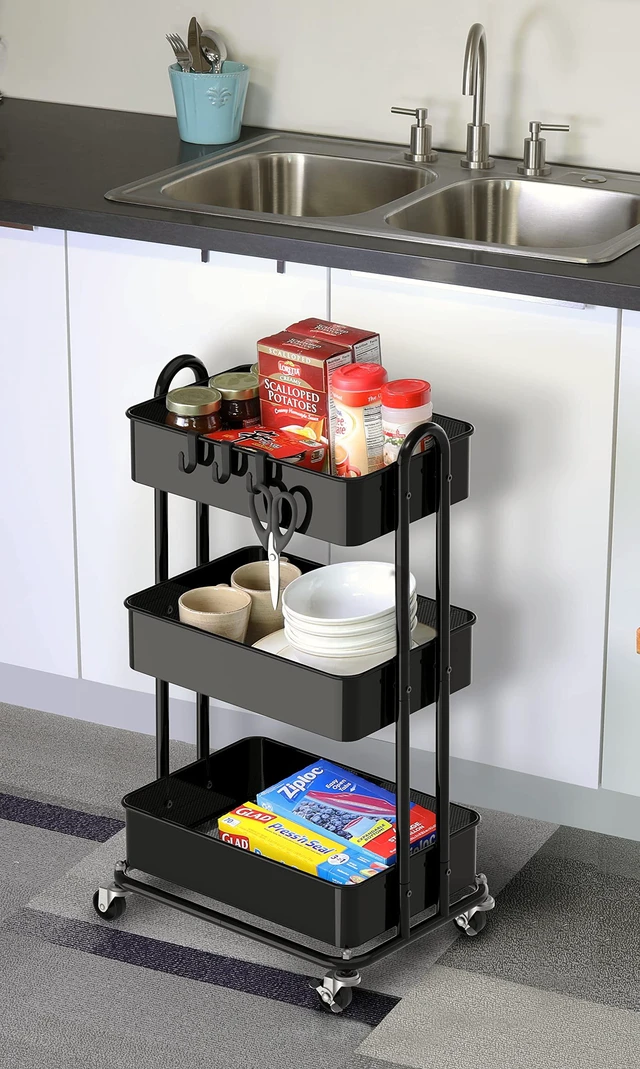 Alt view image 5 of 6 - 3-Tier Heavy Duty Metal Utility Rolling Cart, Black