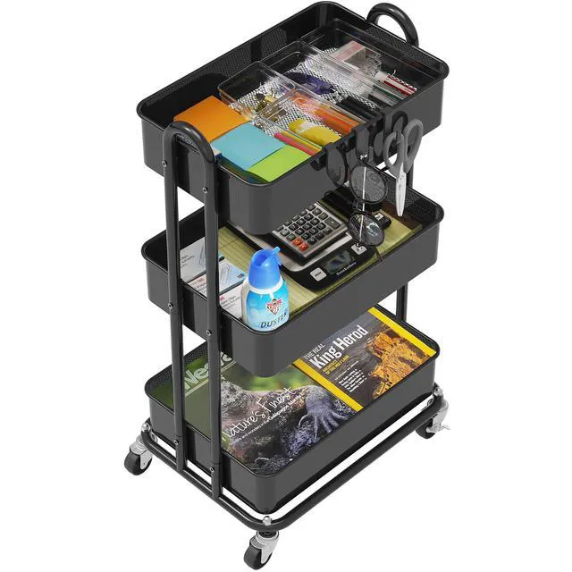 Alt view image 3 of 6 - 3-Tier Heavy Duty Metal Utility Rolling Cart, Black