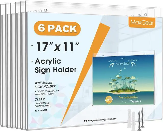 Main image of Acrylic Wall Mount Sign Holder, 11 x 17 Landscape, 6 Pack Clear Acrylic Material, Easy Wall Installation with Included Screws and Pre-drilled Holes, Ideal for Posters, Notices, Signs
