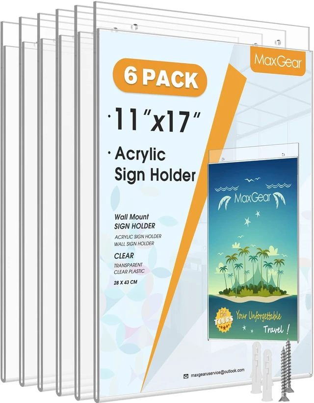 Main image of Acrylic Wall Mount Sign Holder, 11 x 17 Vertical, 6 Pack Clear Acrylic Material, Easy Wall Installation with Included Screws and Pre-drilled Holes, Ideal for Posters, Notices, Signs