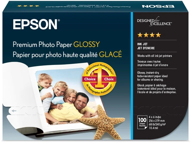 Main image of Premium Photo Paper Glossy 4x6 100 sheets S041727 High-gloss, heavyweight paper creates durable, smudge- and water-resistant photos for albums and frames