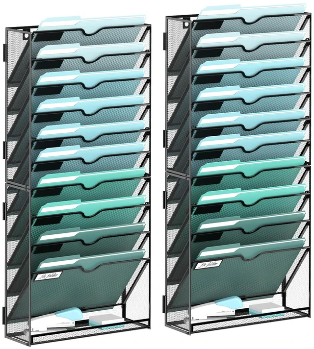 Main image of 11-Tier Wall File Organizer, Wall Mounted Mail Sorter, 2 Pack Metal Mesh Hanging File Organizer with Open Compartments and Label Panels for Papers and Folders at Home, Office or School
