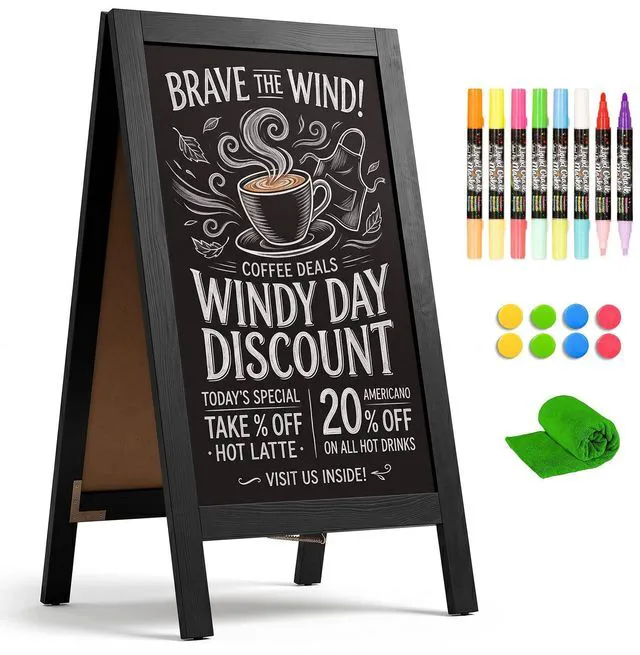 Main image of A-Frame Double-Sided Magnetic Chalkboard 40"x20", Black Solid Pine Wood, Freestanding Sandwich Board, For Business, Restaurants, Cafes, Weddings, 8 Liquid Markers, 8 Magnets, 1 Rag