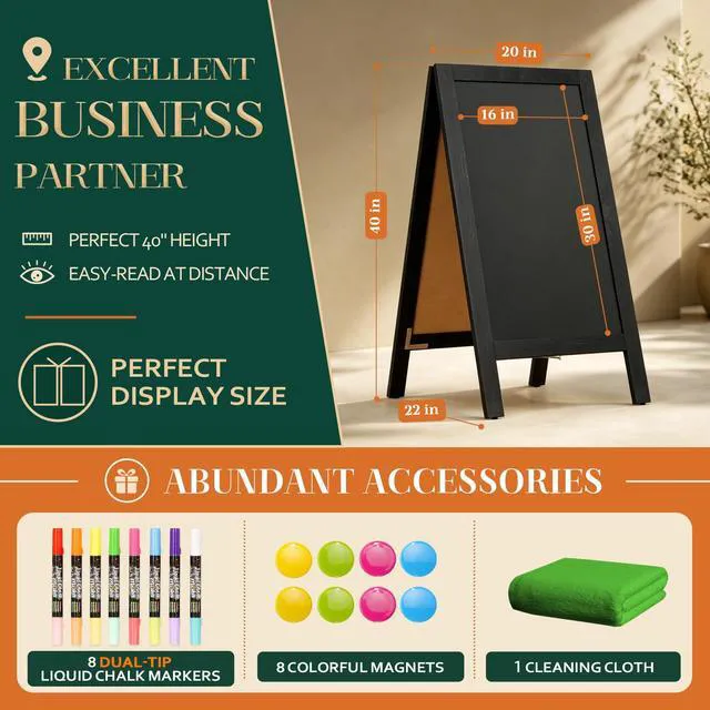 Alt view image 5 of 7 - A-Frame Double-Sided Magnetic Chalkboard 40"x20", Black Solid Pine Wood, Freestanding Sandwich Board, For Business, Restaurants, Cafes, Weddings, 8 Liquid Markers, 8 Magnets, 1 Rag