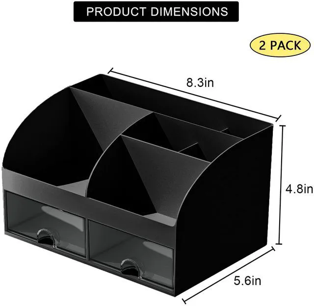 Alt view image 2 of 5 - Desk Organizer with 6 Compartments and 2 Drawers, Plastic Makeup Organizer, Pen Holder for Desktop Storage, Desk Organization for School, Home, Office Supplies Black-2Pack