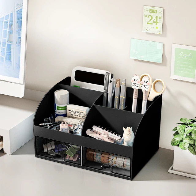 Alt view image 3 of 5 - Desk Organizer with 6 Compartments and 2 Drawers, Plastic Makeup Organizer, Pen Holder for Desktop Storage, Desk Organization for School, Home, Office Supplies Black-2Pack