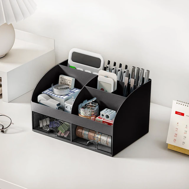 Alt view image 4 of 5 - Desk Organizer with 6 Compartments and 2 Drawers, Plastic Makeup Organizer, Pen Holder for Desktop Storage, Desk Organization for School, Home, Office Supplies Black-2Pack