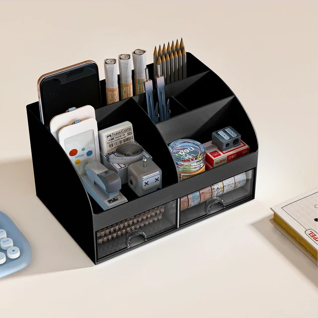 Alt view image 5 of 5 - Desk Organizer with 6 Compartments and 2 Drawers, Plastic Makeup Organizer, Pen Holder for Desktop Storage, Desk Organization for School, Home, Office Supplies Black-2Pack