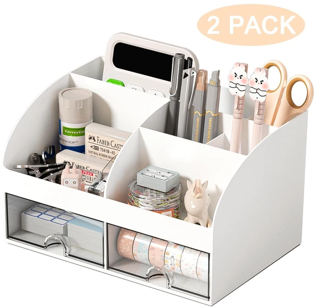 Alt view image 2 of 7 - Desk Organizer with 6 Compartments and 2 Drawers, Plastic Makeup Organizer, Pen Holder for Desktop Storage, Desk Organization for School, Home, Office Supplies (White-2Pack)