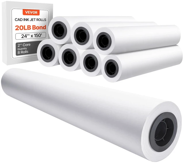 Main image of Wide Format Paper, 24 in x 150 ft Plotter Roll, 8 Rolls CAD Bond Rolls with 2 in Core, 20 LB Bond Paper Rolls, Ideal for CAD Drawings, Engineering Plans, GIS Maps, and Architectural Designs