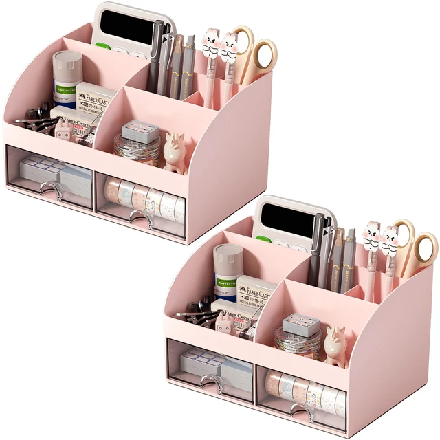 Main image of Desk Organizer with 6 Compartments and 2 Drawers, Plastic Makeup Organizer, Pen Holder for Desktop Storage, Desk Organization for School, Home, Office Supplies Pink-2Pack