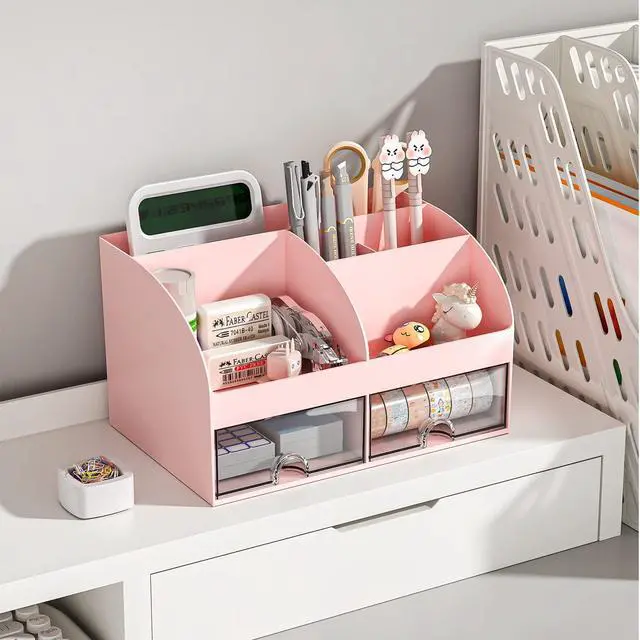 Alt view image 3 of 6 - Desk Organizer with 6 Compartments and 2 Drawers, Plastic Makeup Organizer, Pen Holder for Desktop Storage, Desk Organization for School, Home, Office Supplies (Pink)