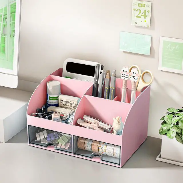 Alt view image 4 of 6 - Desk Organizer with 6 Compartments and 2 Drawers, Plastic Makeup Organizer, Pen Holder for Desktop Storage, Desk Organization for School, Home, Office Supplies (Pink)