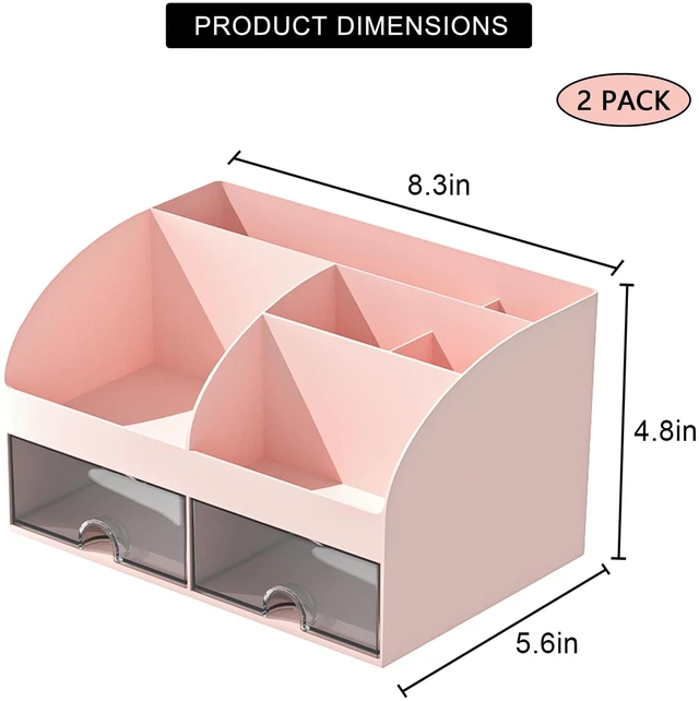 Alt view image 2 of 4 - Desk Organizer with 6 Compartments and 2 Drawers, Plastic Makeup Organizer, Pen Holder for Desktop Storage, Desk Organization for School, Home, Office Supplies Pink-2Pack
