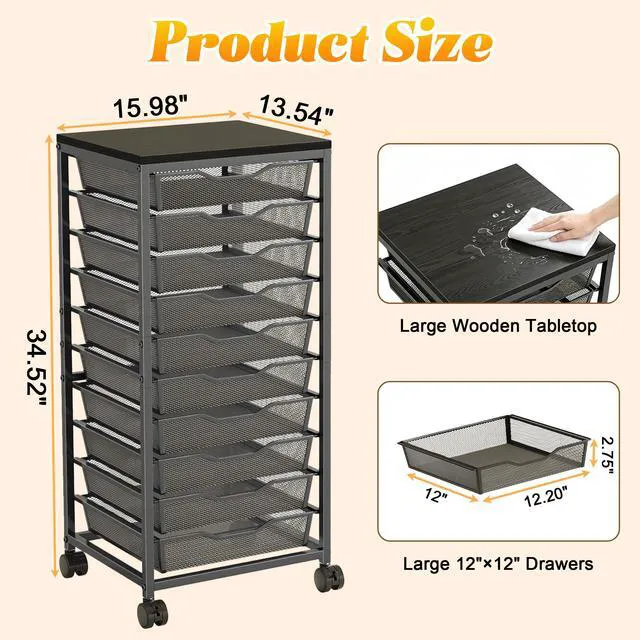 Alt view image 3 of 7 - 10-Drawer Rolling Storage Cart, Craft Organizers and Storage, Black 12x12 Inch Storage Drawers for Scrapbook Paper,Classroom,Craft,Bathroom,Teacher,Office,Art,Metal Organizer Cart with wheels