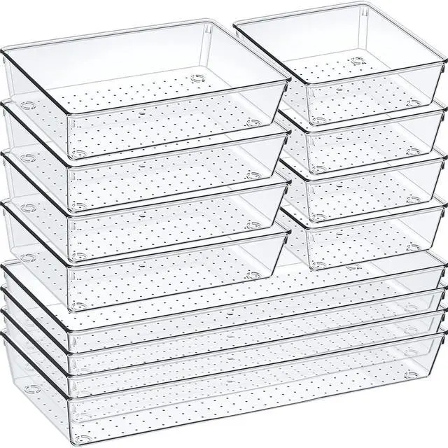 Main image of 12 Pack Clear Plastic Drawer Organizer Set, Acrylic Non Slip Non Cracking Kitchen Drawer Storage Tray Large Size Divider, Multifunctional Storage for Cosmetics, Bathroom, Tools, Kitchen and Office