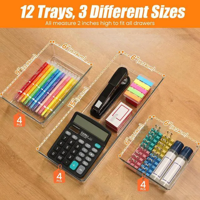 Alt view image 2 of 7 - 12 Pack Clear Plastic Drawer Organizer Set, Acrylic Non Slip Non Cracking Kitchen Drawer Storage Tray Large Size Divider, Multifunctional Storage for Cosmetics, Bathroom, Tools, Kitchen and Office