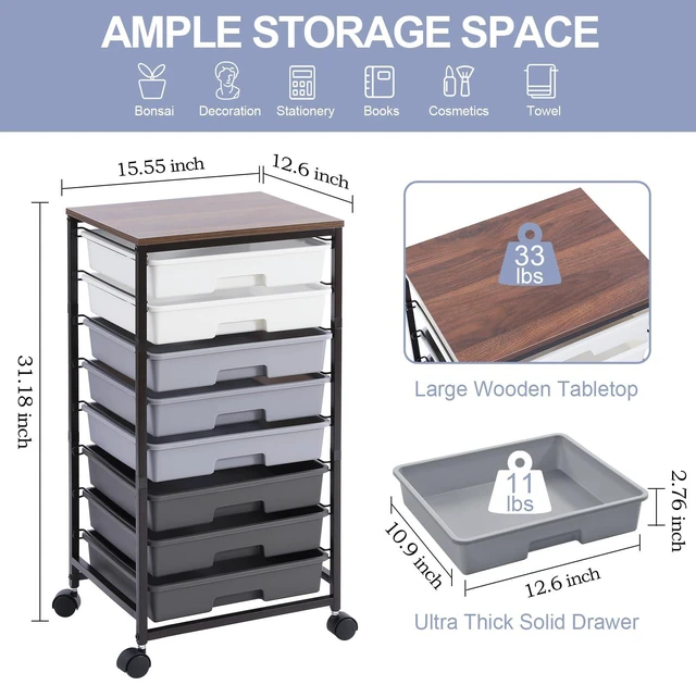 Alt view image 2 of 7 - Rolling Cart with Drawers,8 Drawers Utility Cart,Grey Gradient Craft Organizers and Storage with Wooden Tabletop for Living Room,Classroom,Bedroom,Bathroom,Dorm,Office