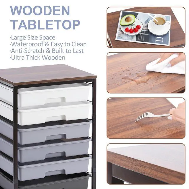 Alt view image 4 of 7 - Rolling Cart with Drawers,8 Drawers Utility Cart,Grey Gradient Craft Organizers and Storage with Wooden Tabletop for Living Room,Classroom,Bedroom,Bathroom,Dorm,Office