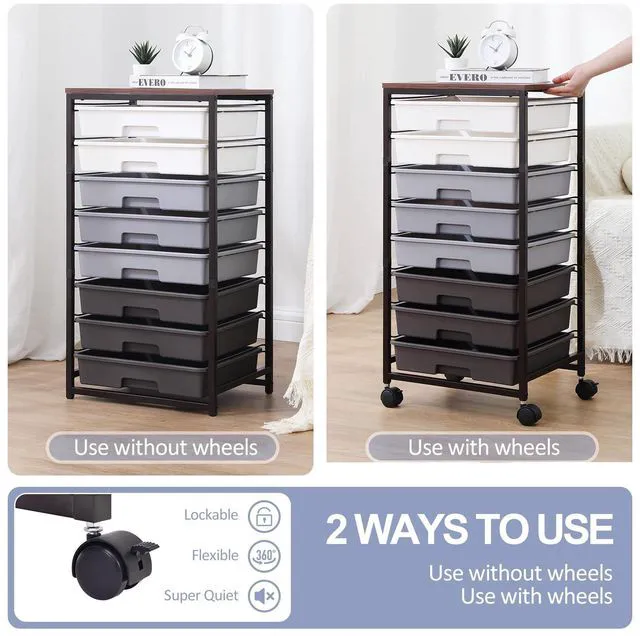 Alt view image 5 of 7 - Rolling Cart with Drawers,8 Drawers Utility Cart,Grey Gradient Craft Organizers and Storage with Wooden Tabletop for Living Room,Classroom,Bedroom,Bathroom,Dorm,Office