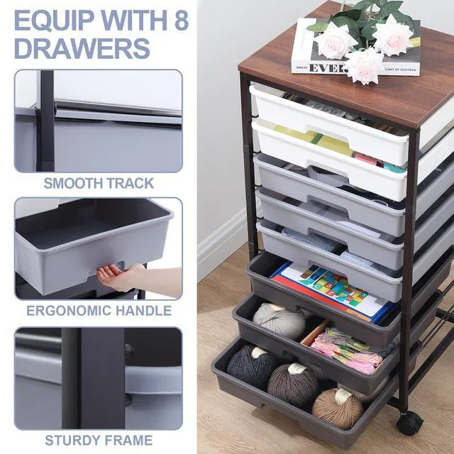 Alt view image 3 of 7 - Rolling Cart with Drawers,8 Drawers Utility Cart,Grey Gradient Craft Organizers and Storage with Wooden Tabletop for Living Room,Classroom,Bedroom,Bathroom,Dorm,Office