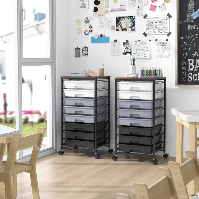 Alt view image 6 of 7 - Rolling Cart with Drawers,8 Drawers Utility Cart,Grey Gradient Craft Organizers and Storage with Wooden Tabletop for Living Room,Classroom,Bedroom,Bathroom,Dorm,Office