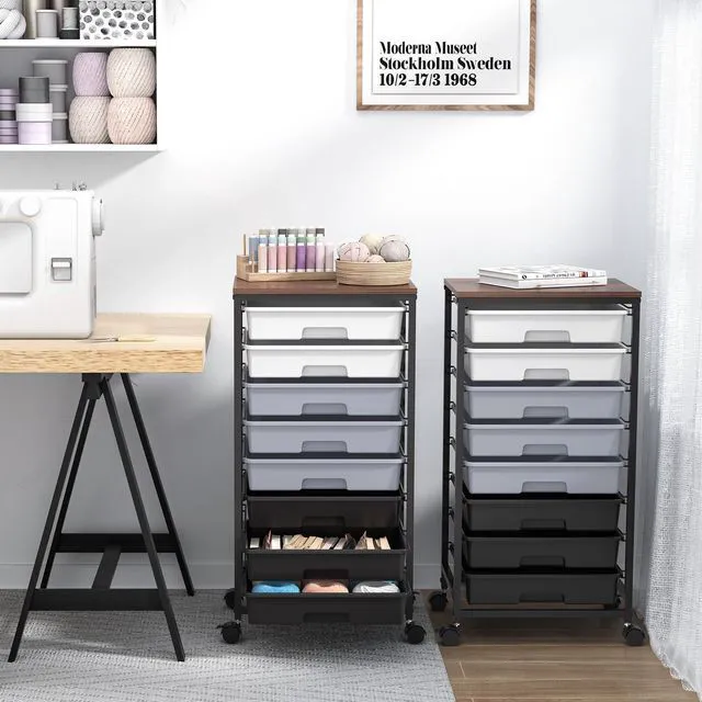 Alt view image 7 of 7 - Rolling Cart with Drawers,8 Drawers Utility Cart,Grey Gradient Craft Organizers and Storage with Wooden Tabletop for Living Room,Classroom,Bedroom,Bathroom,Dorm,Office