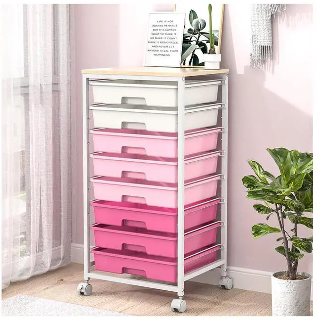 Main image of Rolling Cart with Drawers,Utility Cart with 8 Drawers,Rose Pink Craft Organizers and Storage Cart with Wooden Tabletop for Living Room,Classroom, Bedroom,Dorm,Home Office