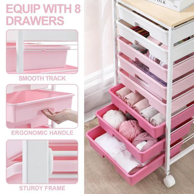Alt view image 3 of 7 - Rolling Cart with Drawers,Utility Cart with 8 Drawers,Rose Pink Craft Organizers and Storage Cart with Wooden Tabletop for Living Room,Classroom, Bedroom,Dorm,Home Office