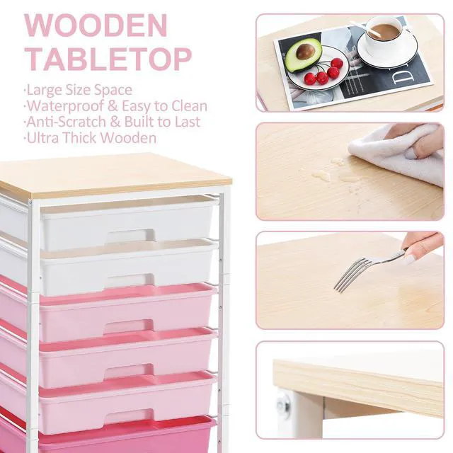 Alt view image 4 of 7 - Rolling Cart with Drawers,Utility Cart with 8 Drawers,Rose Pink Craft Organizers and Storage Cart with Wooden Tabletop for Living Room,Classroom, Bedroom,Dorm,Home Office