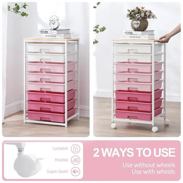 Alt view image 5 of 7 - Rolling Cart with Drawers,Utility Cart with 8 Drawers,Rose Pink Craft Organizers and Storage Cart with Wooden Tabletop for Living Room,Classroom, Bedroom,Dorm,Home Office