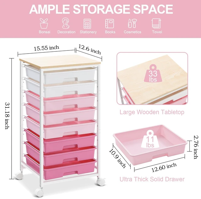 Alt view image 6 of 7 - Rolling Cart with Drawers,Utility Cart with 8 Drawers,Rose Pink Craft Organizers and Storage Cart with Wooden Tabletop for Living Room,Classroom, Bedroom,Dorm,Home Office