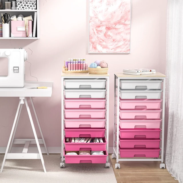 Alt view image 7 of 7 - Rolling Cart with Drawers,Utility Cart with 8 Drawers,Rose Pink Craft Organizers and Storage Cart with Wooden Tabletop for Living Room,Classroom, Bedroom,Dorm,Home Office