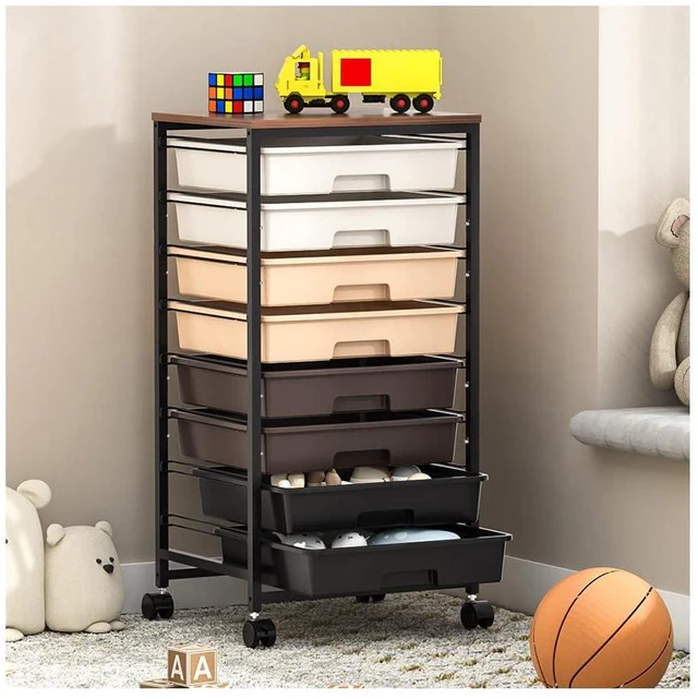 Main image of Rolling Cart with Drawers, 8 Drawers Utility Cart, Brown Gradient Craft Organizers and Storage Cart with Wooden Top for Living Room,Classroom,Bedroom,Dorm,Home Office