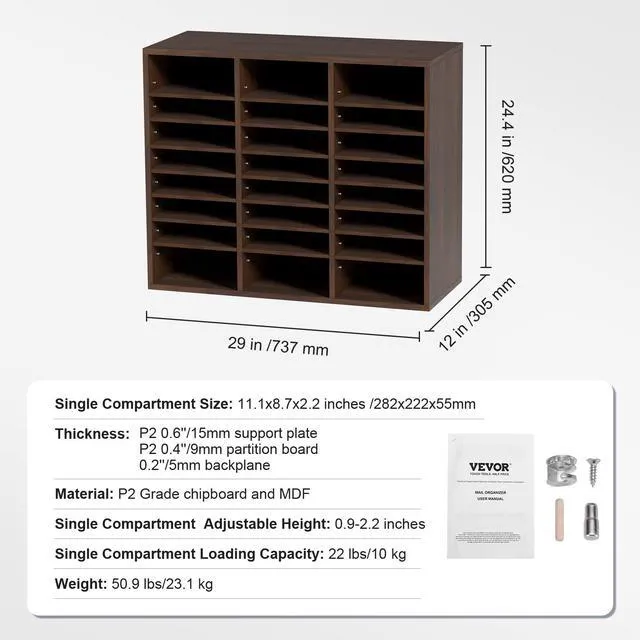 Alt view image 2 of 7 - 24 Compartments Office Mailbox, Adjustable Shelves, Wood Literature Sorter 29x12x24.4 inches Ideal for Office, Home, Classroom, Mailrooms Organization EPA Certified (Brown)