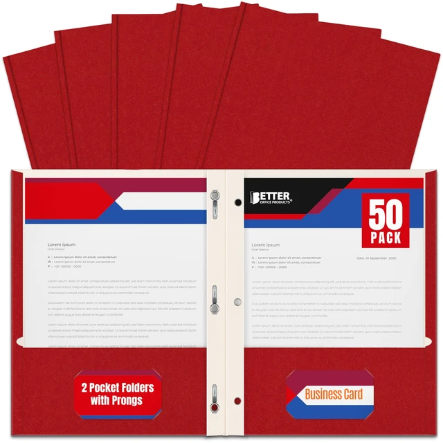 Main image of Plastic Folders, 50 Pack Red Paper Folders with Pockets & Folders with Prongs, Matte Texture, Letter Size, 3 Metal Prong Fastener Clips, Durable for Office, School, Filing