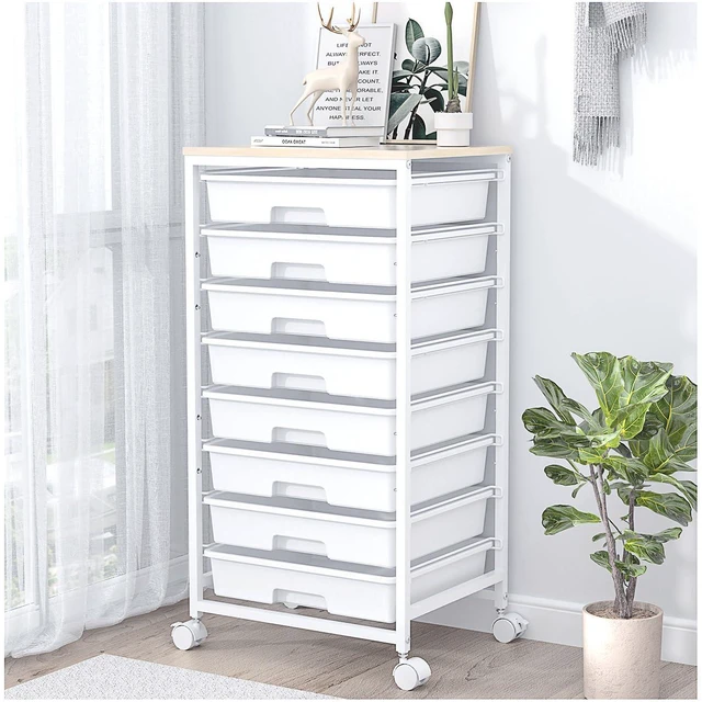 Main image of Rolling Storage Cart with Drawers, 8 Drawers Utility Cart,White Rolling Drawer Cart with Wooden Tabletop,Storage Drawer Cart for Living Room,Classroom,Bedroom,Dorm,Office