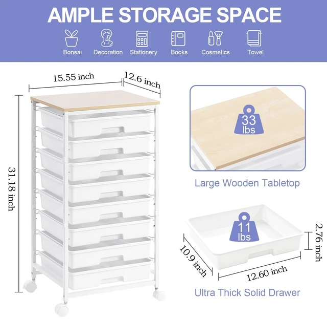 Alt view image 2 of 7 - Rolling Storage Cart with Drawers, 8 Drawers Utility Cart,White Rolling Drawer Cart with Wooden Tabletop,Storage Drawer Cart for Living Room,Classroom,Bedroom,Dorm,Office
