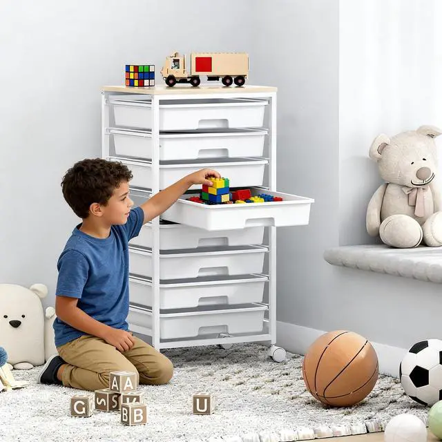 Alt view image 3 of 7 - Rolling Storage Cart with Drawers, 8 Drawers Utility Cart,White Rolling Drawer Cart with Wooden Tabletop,Storage Drawer Cart for Living Room,Classroom,Bedroom,Dorm,Office
