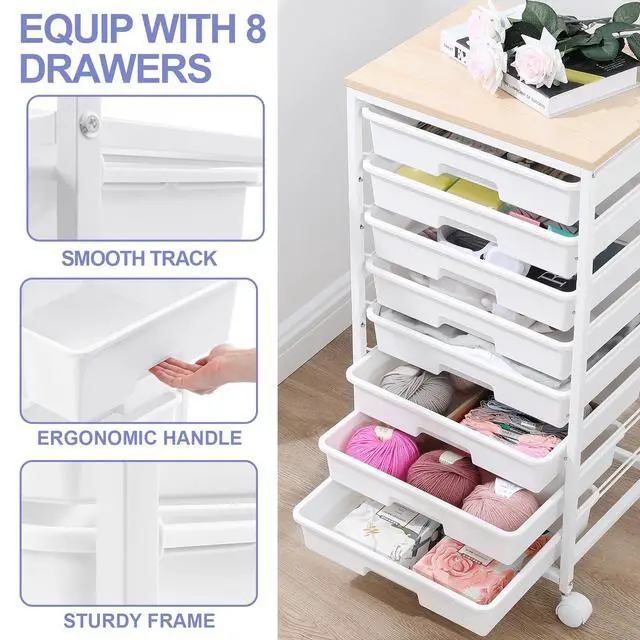 Alt view image 5 of 7 - Rolling Storage Cart with Drawers, 8 Drawers Utility Cart,White Rolling Drawer Cart with Wooden Tabletop,Storage Drawer Cart for Living Room,Classroom,Bedroom,Dorm,Office