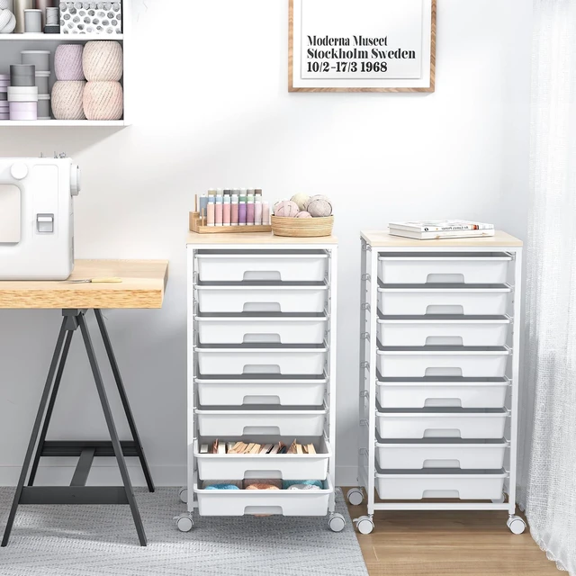 Alt view image 7 of 7 - Rolling Storage Cart with Drawers, 8 Drawers Utility Cart,White Rolling Drawer Cart with Wooden Tabletop,Storage Drawer Cart for Living Room,Classroom,Bedroom,Dorm,Office