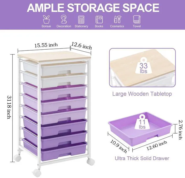 Alt view image 2 of 7 - Rolling Cart with Drawers,8 Drawers Storage Cart,Purple Craft Organizers and Storage with Wooden Tabletop for Living Room,Classroom,Bedroom,Bathroom,Dorm,Office