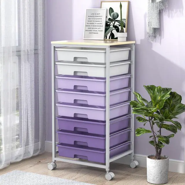 Main image of Rolling Cart with Drawers,8 Drawers Storage Cart,Purple Craft Organizers and Storage with Wooden Tabletop for Living Room,Classroom,Bedroom,Bathroom,Dorm,Office