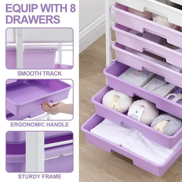 Alt view image 3 of 7 - Rolling Cart with Drawers,8 Drawers Storage Cart,Purple Craft Organizers and Storage with Wooden Tabletop for Living Room,Classroom,Bedroom,Bathroom,Dorm,Office