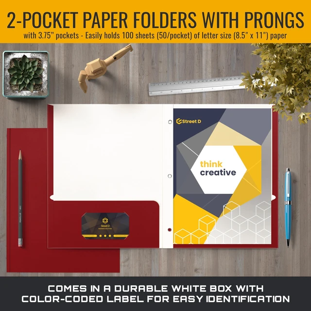 Alt view image 2 of 6 - Plastic Folders, 50 Pack Red Paper Folders with Pockets & Folders with Prongs, Matte Texture, Letter Size, 3 Metal Prong Fastener Clips, Durable for Office, School, Filing
