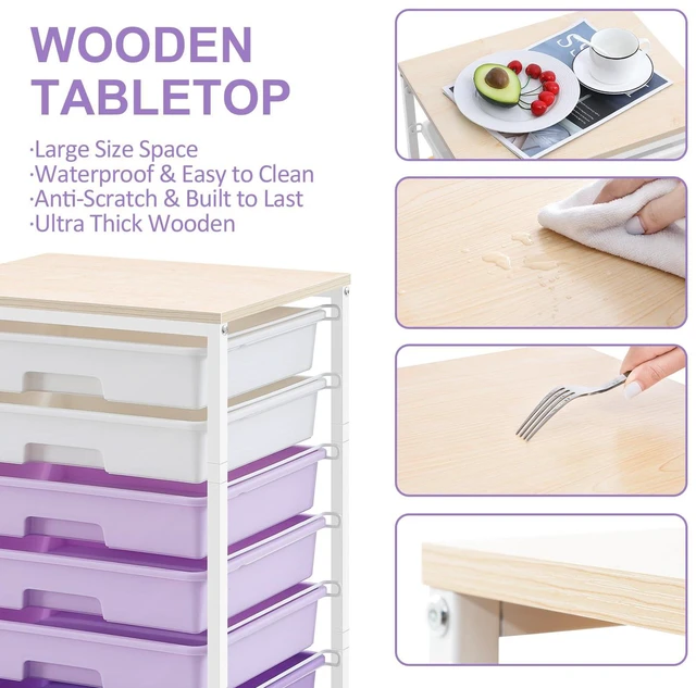 Alt view image 5 of 7 - Rolling Cart with Drawers,8 Drawers Storage Cart,Purple Craft Organizers and Storage with Wooden Tabletop for Living Room,Classroom,Bedroom,Bathroom,Dorm,Office
